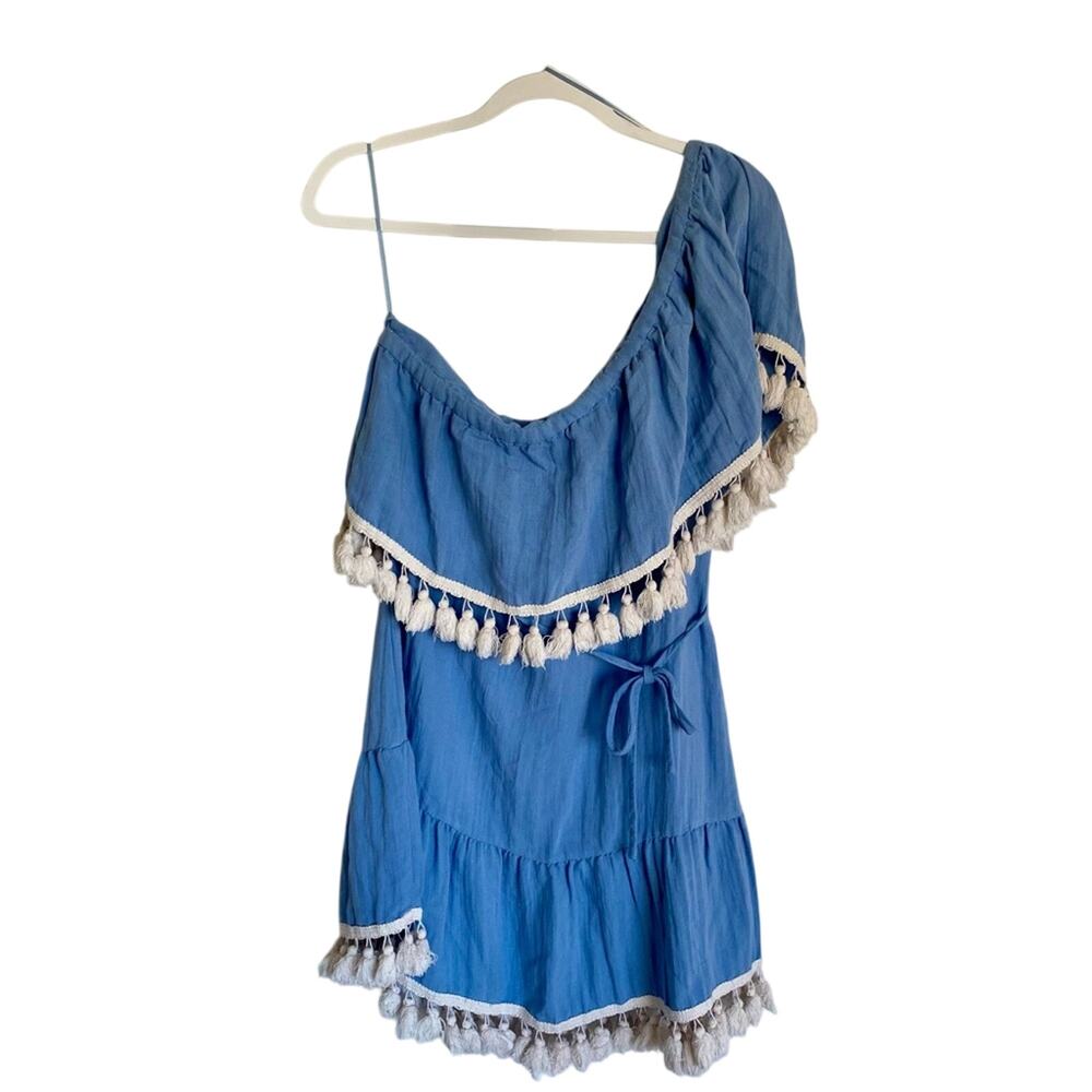 Suboo Fringe Tassel Trim One Shoulder Tie Waist Summer Resortwear Mini Dress